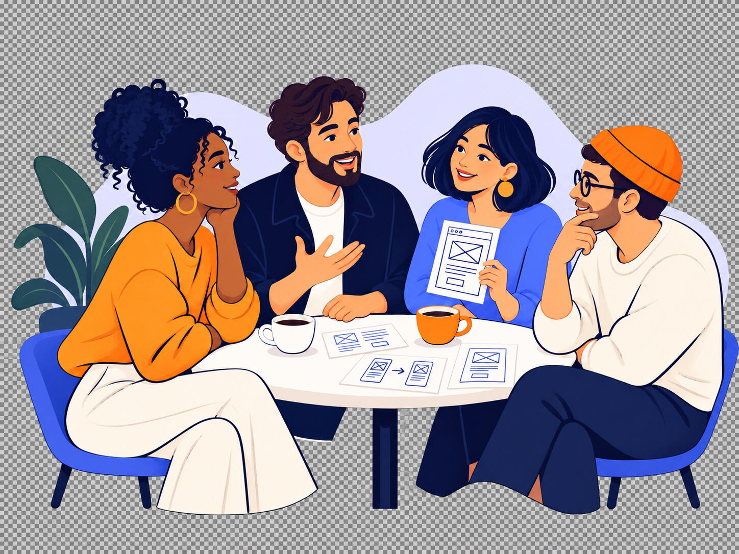 Designers discussing UX wireframe sketches at a community meetup.